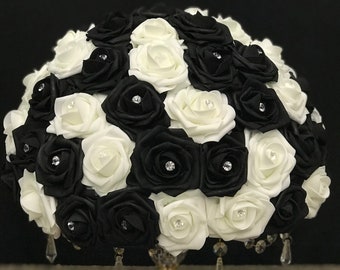 BLACK and WHITE Wedding Centerpiece Rose Bouquet with optional RHINESTONES Floating Flower Ball Communion Baptism Christening Holiday