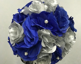 ROYAL BLUE and SILVER Flower Ball Pomander Kissing Ball Wedding Centerpiece Bouquet Pick Rose Colors