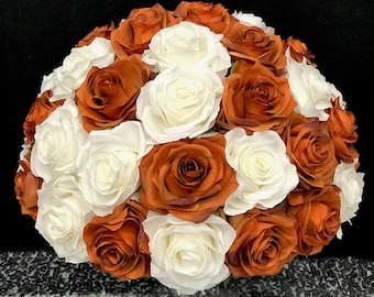 BURNT ORANGE & IVORY Centerpiece Rose Wedding Centerpiece Floral Arrangement Half Ball Rose Bouquet