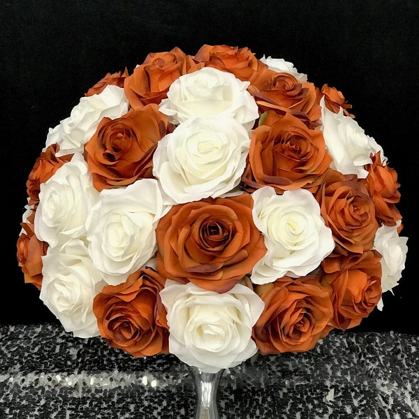 BURNT ORANGE & IVORY Centerpiece Rose Wedding Centerpiece Floral Arrangement Half Ball Rose Bouquet