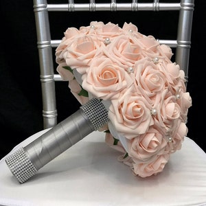 BRIDAL BOUQUET with Two Real RHINESTONE Sparkly Cuffs. Pink Blush Bridal Bouquet. Pink Blush Wedding. Pick Rose Color. Quinceanera Bouquet