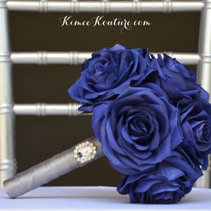 ROYAL BLUE Bridesmaid Bouquet With Rhinestone Gem. BROOCH Bouquet. Royal Blue Wedding. Choose Your Ribbon Color.