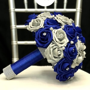 Royal Blue & Silver BRIDAL BOUQUET with Two Real RHINESTONE Sparkly Cuffs. Brooch Bridal Bouquet. Sweet 16. Bat Mitzvah. Quinceanera Bouquet