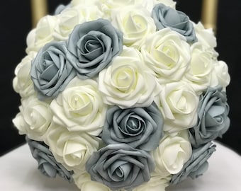 DUSTY BLUE & IVORY Pomander. Ivory and Dusty Blue Flower Ball. Dusty Blue Kissing Ball. Dusty Blue Wedding Centerpiece. Dusty Blue Wedding