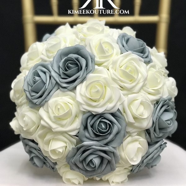 DUSTY BLUE & IVORY Pomander. Ivory and Dusty Blue Flower Ball. Dusty Blue Kissing Ball. Dusty Blue Wedding Centerpiece. Dusty Blue Wedding