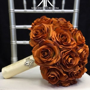 Burnt Orange Rose Bridal Bouquet: Silk Flowers, Brooch Handle