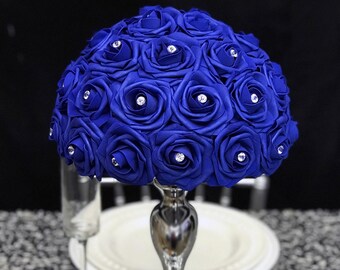 ROYAL BLUE Rose Arrangement with RHINESTONES. Floating Flower Ball. Pick Rose Color. Royal Blue Centerpiece. Royal Blue Wedding Centerpiece