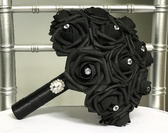 BLACK BRIDESMAID Bouquet with Rhinestone Gems And Brooch Handle. BLACK Rose Bouquet. Custom Made To Order. Pick Rose And Ribbon Color.