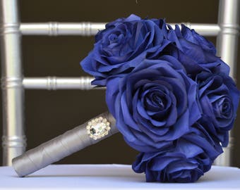ROYAL BLUE Bridesmaid Bouquet With Rhinestone Gem. BROOCH Bouquet. Royal Blue Wedding. Choose Your Ribbon Color.
