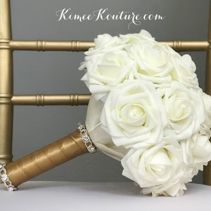 IVORY BRIDESMAID Bouquet With Bling Gem BROOCH Handle. Ivory Bouquet Ivory Wedding. Gold Bridesmaid Brooch Bouquet. Pick Rose & Ribbon Color