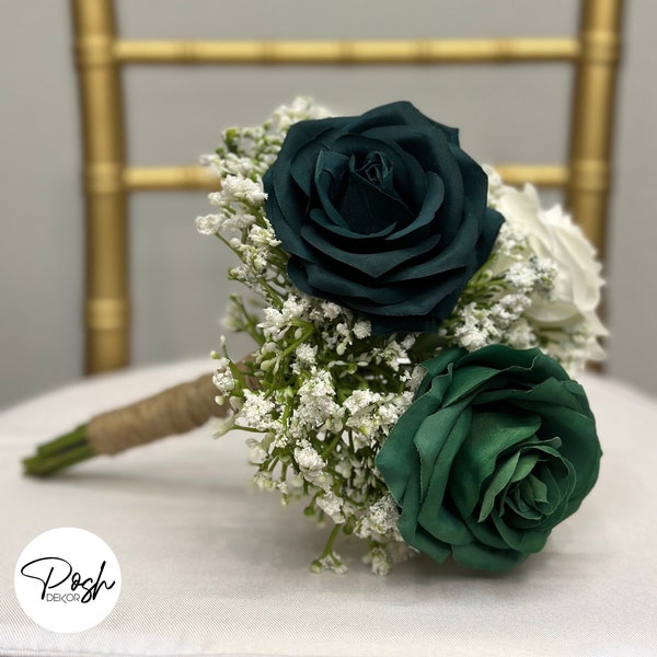 Emerald Green, Hunter Green & Ivory Babys Breath Bridesmaid Bouquet With Eucalyptus Leaves And Roses