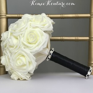 IVORY BRIDESMAID Bouquet With Bling Gem BROOCH Handle. Ivory Bouquet. Ivory Wedding. Bridesmaid Brooch Bouquet. Pick Rose & Ribbon Color.