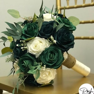 EMERALD Green Bridal Bouquet Hunter Green Ivory Roses with Eucalyptus Greenery Berries & Baby's Breath and Ribbon Twine Handle