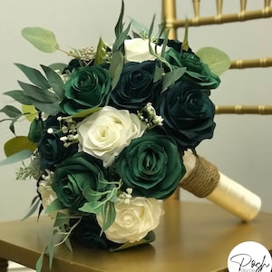 EMERALD Green Bridal Bouquet Hunter Green Ivory Roses with Eucalyptus Greenery Berries & Baby's Breath and Ribbon Twine Handle