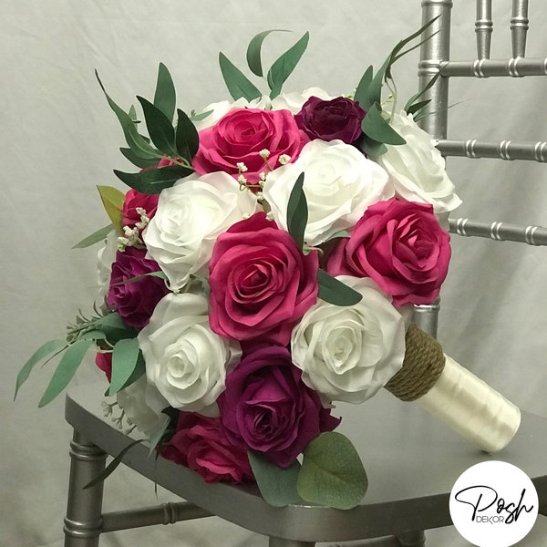 HOT PINK Begonia Bridal Bouquet Fuchsia White Roses with Eucalyptus Greenery Berries & Baby's Breath and Ribbon Twine Handle