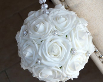 WHITE Flower Ball With Bling Pearl BROOCH & PEARL Handle. White Kissing Ball. White Flower Girl Bouquet. Bridesmaid's Bouquet. Christening
