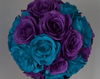 TEAL And PURPLE Flower Ball MIX, Wedding Centerpiece. Pomander. Kissing Ball. Flower Girl.