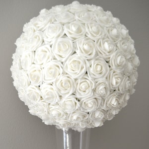 WHITE FLOWER BALL . Kissing Ball. Wedding Centerpiece. Flower Girl. Pomander. Bridesmaid Bouquet. Church Pews. Wedding Decor.