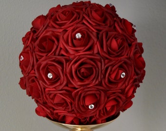 DEEP RED Flower Ball With Rhinestone Accent. Deep Red Pomander. Deep Red Kissing Ball. Wedding Centerpiece. Flower Girl Bouquet. Church Pew.