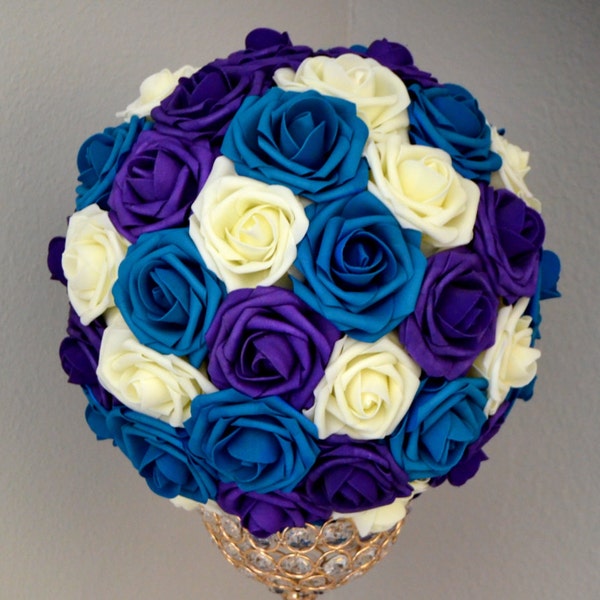 TEAL, PURPLE And IVORY Flower Ball. Wedding Centerpiece. Kissing Ball. Pomander. Flower Girl. Premium Real Touch Roses.