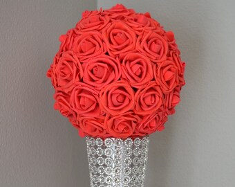 CORAL Flower Ball. Coral Pomander. Coral Kissing Ball. Real Touch Roses. Coral WEDDING CENTERPIECE. Bridal Shower. Flower Girl Bouquet.