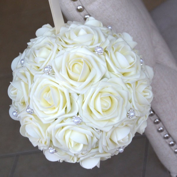 IVORY Kissing Ball with Bling Pearl Brooch. Flower Girl. WEDDING Decor. Flower Ball. Pomander. PREMIUM Real Touch Roses.