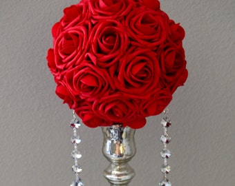 RED Kissing Ball with CRYSTAL ORNAMENTS. Red Flower Ball. Red Pomander. Red Wedding Centerpiece. Flower Girl. Choose Rose Color.