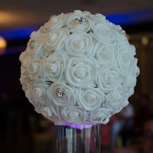White SPARKLING Flower Ball with Rhinestone BROOCHES and glitter. Real Touch Roses. Wedding CENTERPIECE pomander 5&quot; 6&quot; 7&quot; 8&quot; 10&quot; 12&quot; 14&quot; 16&quot;