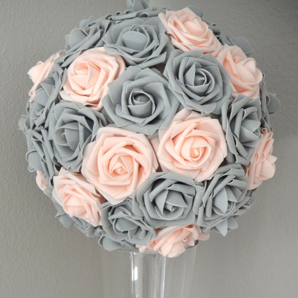 PINK BLUSH & GRAY Kissing Ball. Wedding Centerpiece. Flower Ball. Pomander. Wedding Decor. Flower Girl Bouquet.