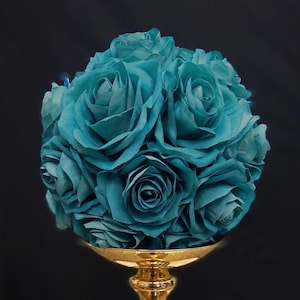 TEAL FLOWER BALL. Teal Kissing Ball. Teal Pomander. Silk Rose Ball. Teal Wedding Centerpiece. Pick Rose Color. Teal Centerpiece image 1