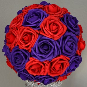 PURPLE And RED Flower Ball Mix. Wedding Centerpiece. Kissing Ball. Pomander. Flower Girl. Premium Real Touch Roses.