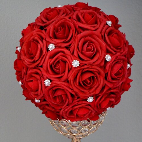 RED Flower Ball With Bling Pearl Brooch. Kissing Ball. Etsy