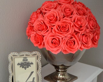 CORAL Wedding Centerpiece Floral Arrangement. Half Flower Ball Pomander. Silk Garden Rose Arrangement. Wedding Centerpiece. Pick Your Color.