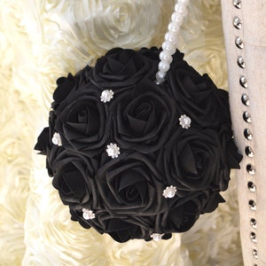 BLACK Flower Ball with Bling Pearl BROOCHES & PEARL Handle. Black Kissing Ball.  Black Wedding Decor. Black Centerpiece. Pick Rose Color