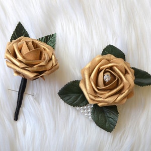 GOLD BOUTONNIERE. Wedding Single Rose & Ribbon Boutonniere with Foliage. Includes Pearl or Rhinestone Pin.