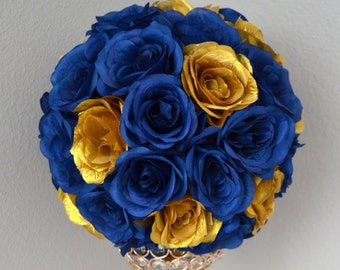 NAVY BLUE & GOLD Flower Ball. Wedding Centerpiece. Wedding Decor. Pomander. Kissing Ball. Flower Girl. Bridesmaid Bouquet. Pick Color