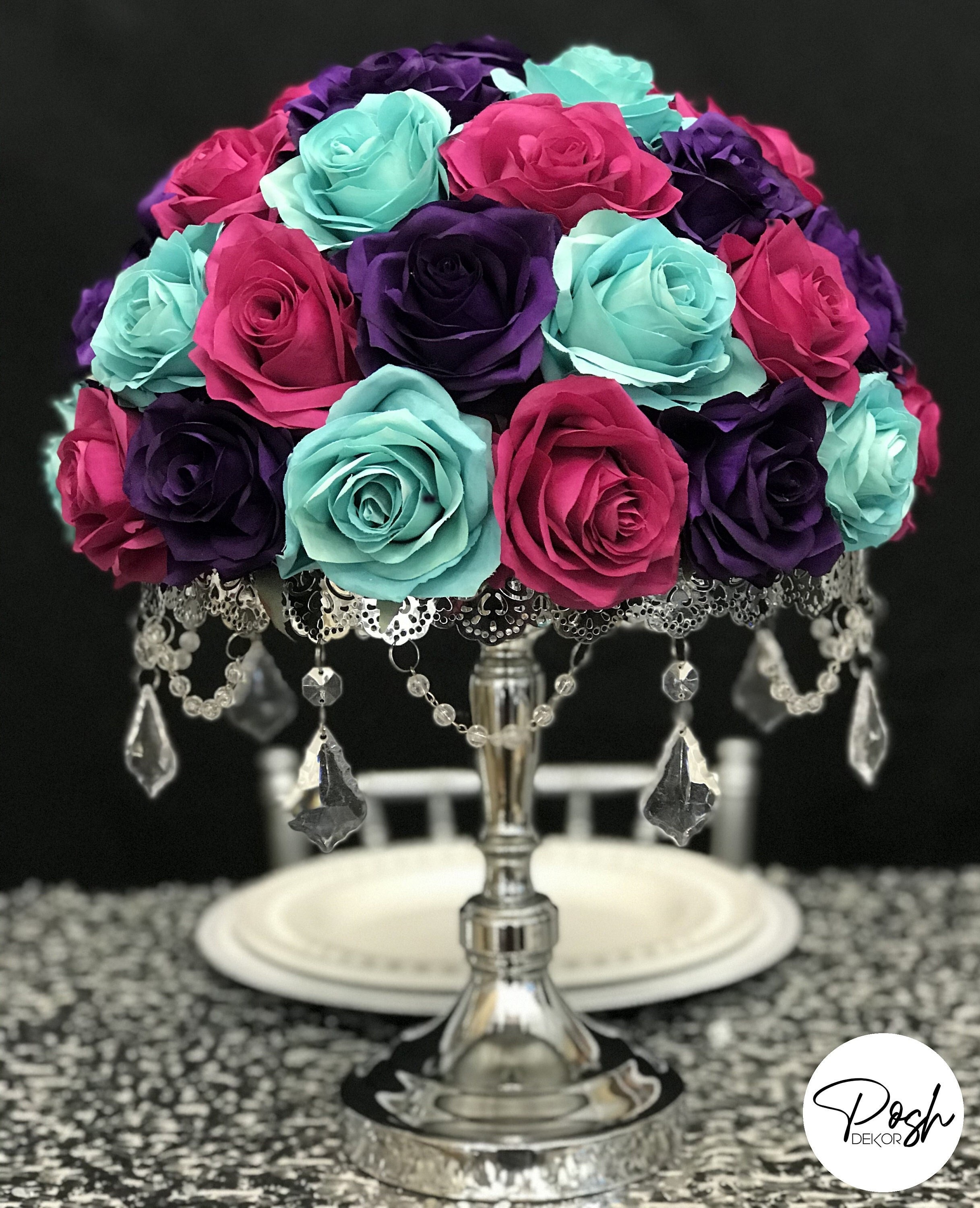 Fuchsia, Turquoise \u0026 Purple Rose Arrangement: Peacock Wedding Centerpiece -  Etsy New Zealand, image size:2434x3000
