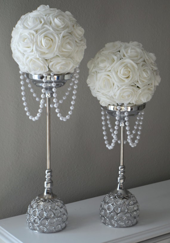 White Flower Ball With Draping Pearls White Wedding Etsy