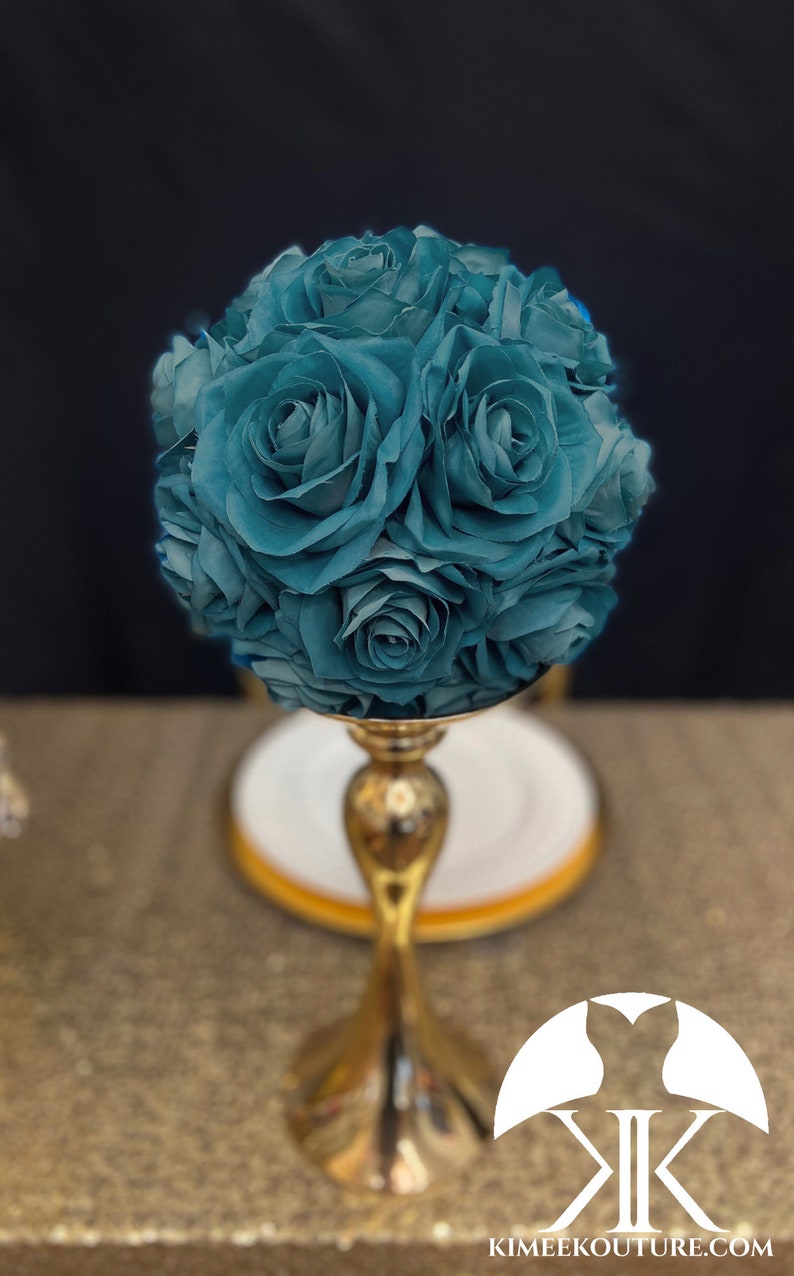 TEAL FLOWER BALL. Teal Kissing Ball. Teal Pomander. Silk Rose Ball. Teal Wedding Centerpiece. Pick Rose Color. Teal Centerpiece image 2