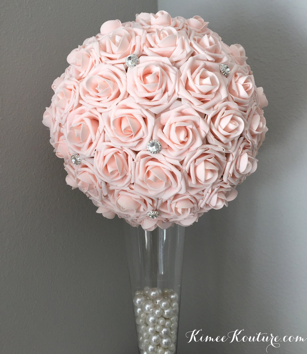 PINK BLUSH Flower Ball With Large Rhinestone BROOCH. Wedding