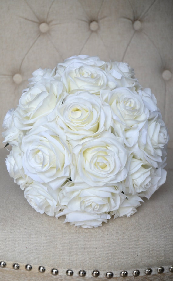 Romantic Ivory Wedding Bouquet with Lace Ribbon Tie