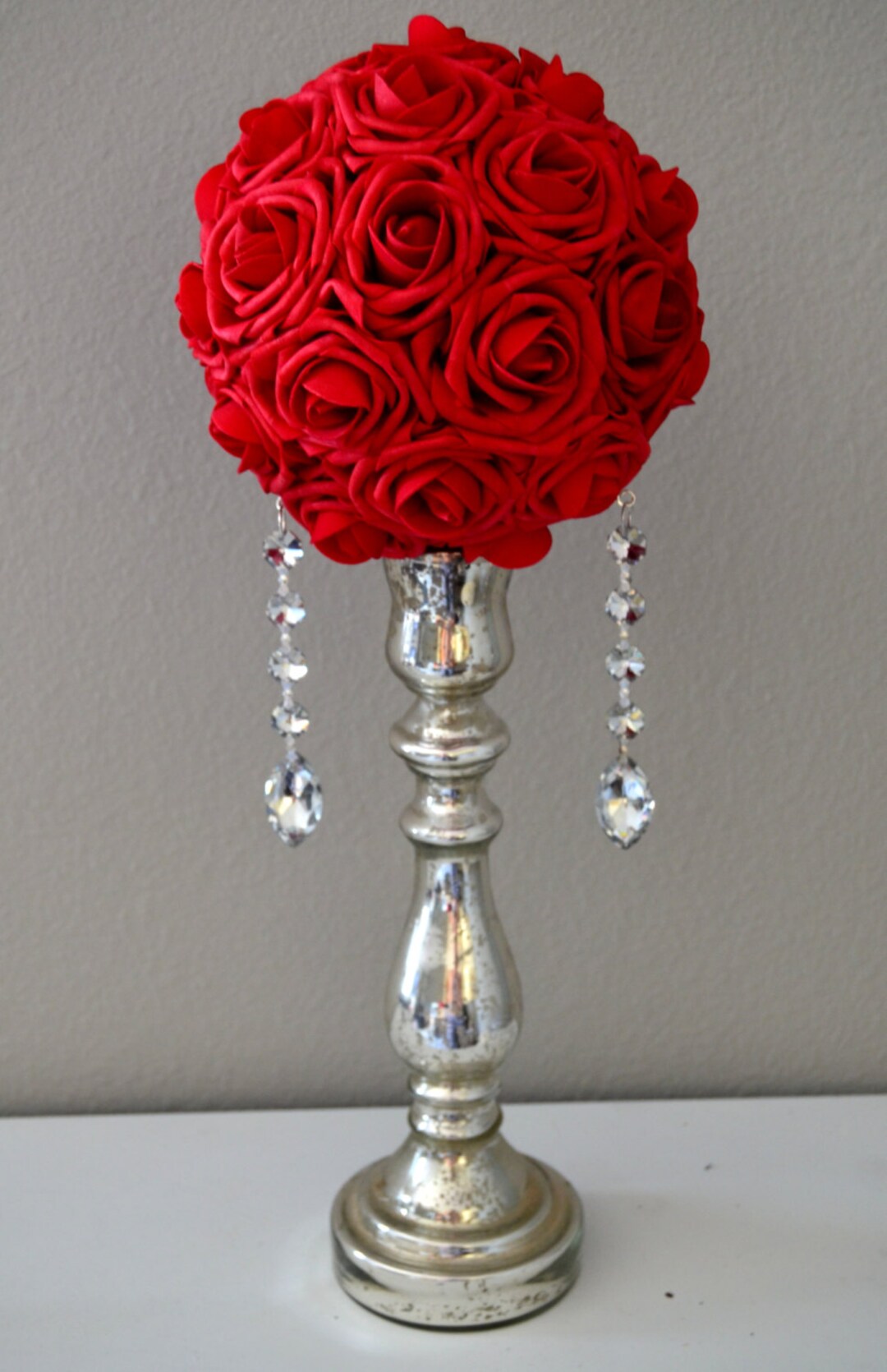 RED Kissing Ball With CRYSTAL ORNAMENTS. Red Flower Ball. Red Pomander