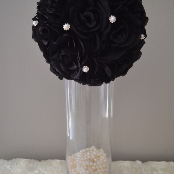 Premium soft silk Black flower ball & brooch, WEDDING CENTERPIECE, wedding pomander kissing ball, flower girl 7" 8" 10" 12 14" 16" 18"