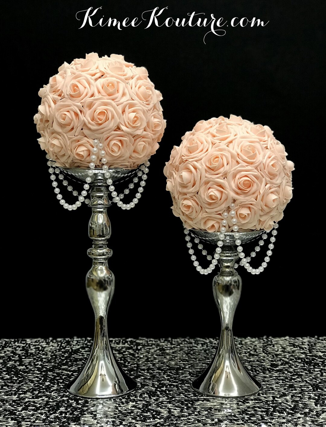 PEACH BLUSH Flower Ball With Draping PEARLS. Peach Blush Wedding