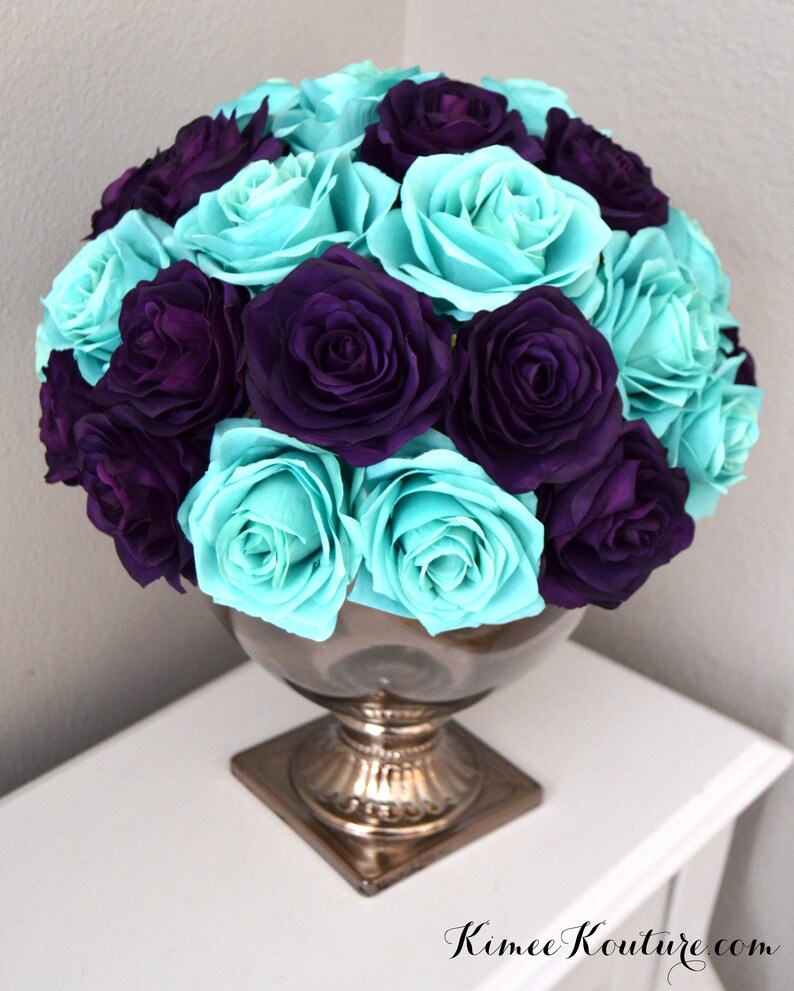 TURQUOISE & PURPLE Rose Arrangement. Peacock Wedding Etsy UK