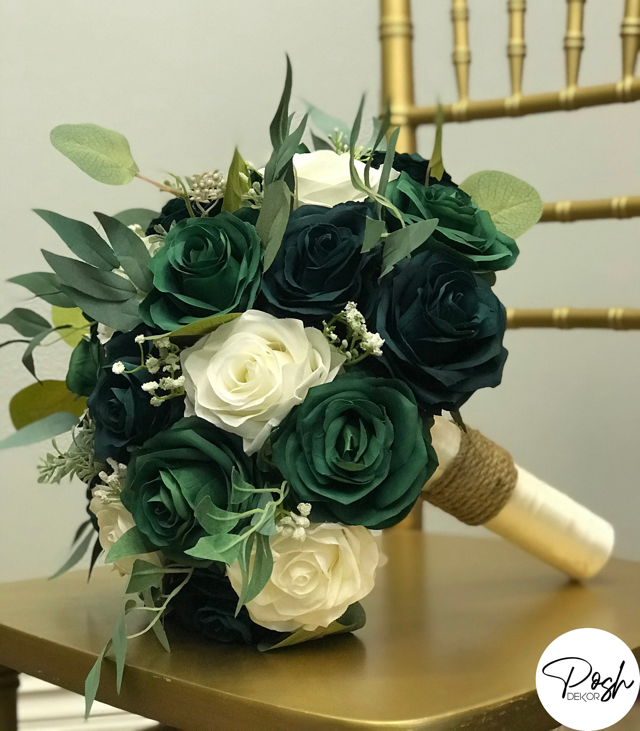 EMERALD Green Bridal Bouquet Hunter Green Ivory Roses With