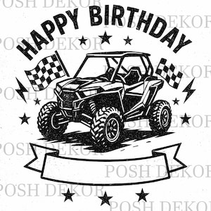 Könnte beinhalten: Schwarz-weiße Grafik mit dem Text "HAPPY BIRTHDAY" über einem Geländewagen. Schachflaggen und Sterne umgeben das Fahrzeug, mit einem Banner darunter für zusätzlichen Text.