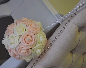 Ivory & Pink Blush Mix Elegant Wedding hanging foam flower balls with PEARL HANDLE, Wedding Decor, FLower Girl.