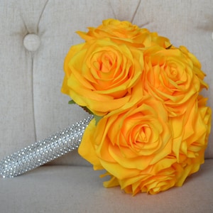 YELLOW Rhinestone Bridesmaid Bouquet. Real Touch Silk Roses. Custom Made To Order.