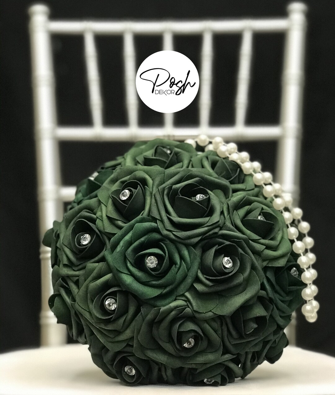 EMERALD GREEN Flower Ball With Rhinestone Gems & PEARL Handle. Flower